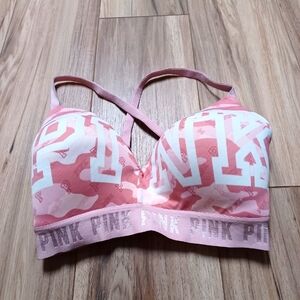 Pink wireless t-shirt bra in pink camo. Size 34DDD. (B2)